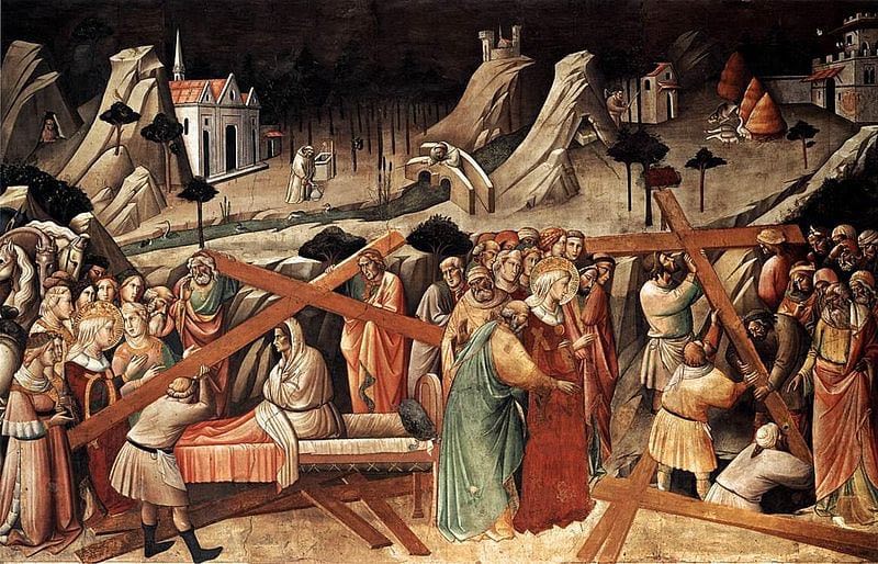 In this painting by Agnolo Gaddi, we see the artist's depiction of Saint Helena (who was the mother of the Emperor Constantine) discovering the true cross of Christ. It was painted in 1380. (photo from commons.wikimedia.org)