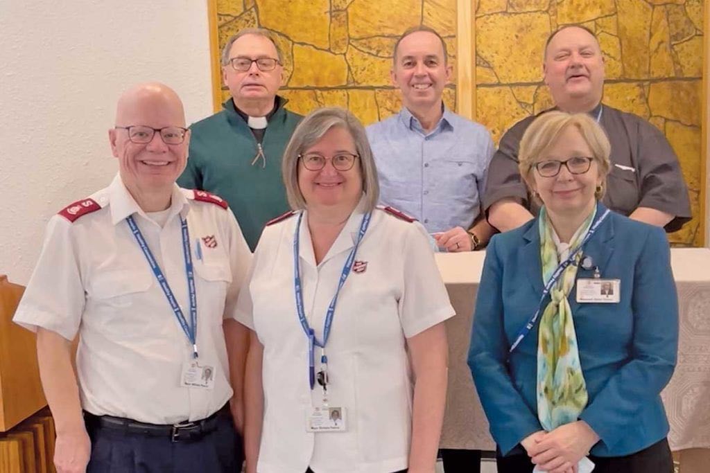 Back row: Canon Ed Keeping (Anglican), Pastor Shawn Bowers (Pentecostal), Fr. Francis Roche (Roman Catholic) Front row: Majors William and Barbara Pearce (Salvation Army), and The Rev’d Karen Thorne (United Church)