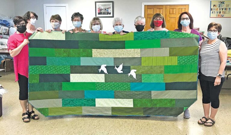A small number of ladies, representing the group, of the Parish of Bonne Bay North Prayer Quilt Group. Left to right: Gail Kennedy-Sparkes, Shirley Dominie, Cavell Bugden, Irene Stagg, Edith Critch, Doris Pittman, Linda Parsons, Cynthia Hiscock, Lorna Pope, and Dale Decker
