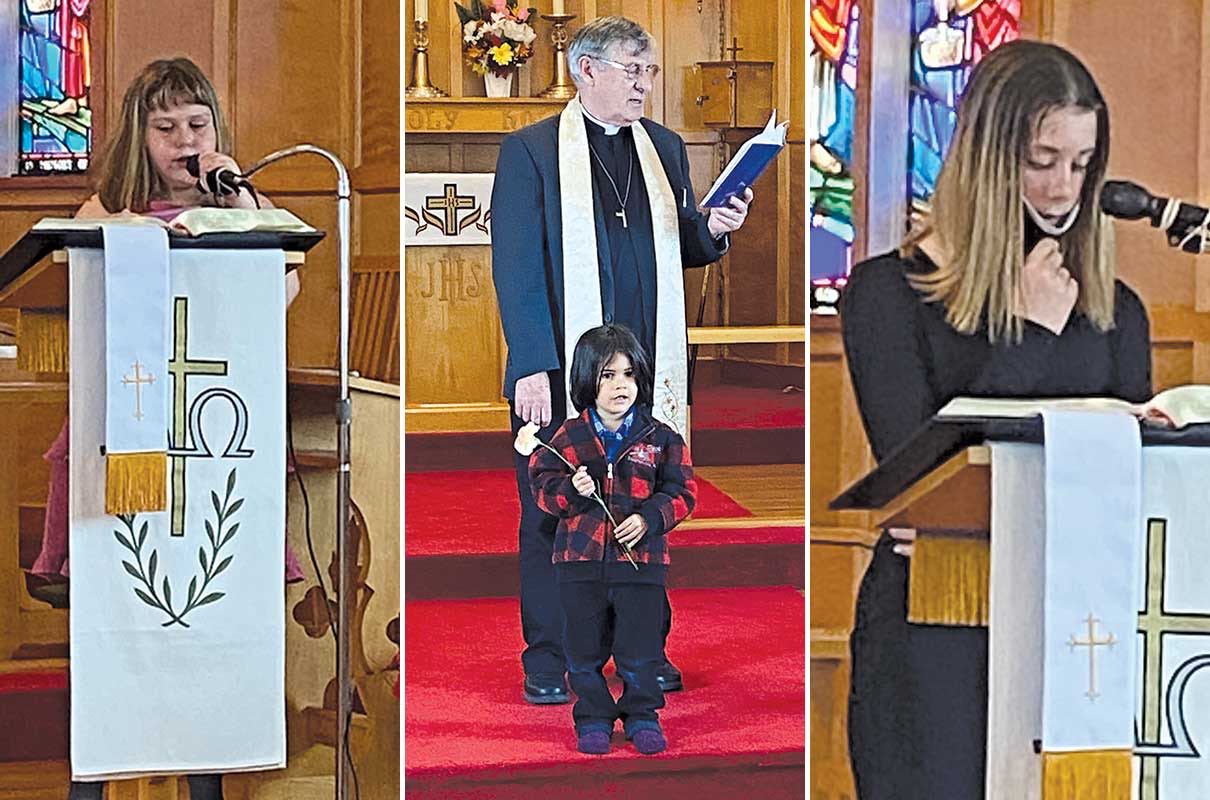 St. Augustine’s in Margaree-Fox Roost had a special service on Mother’s Day, and many of the church’s youth were able to take part. Above is Maddie Walters (left) who sang. Sarah Sweet (right) did one of the readings, and Zion Jiron Simon (centre) led one of the prayers with the help of the Rev’d Nathan Cutler.