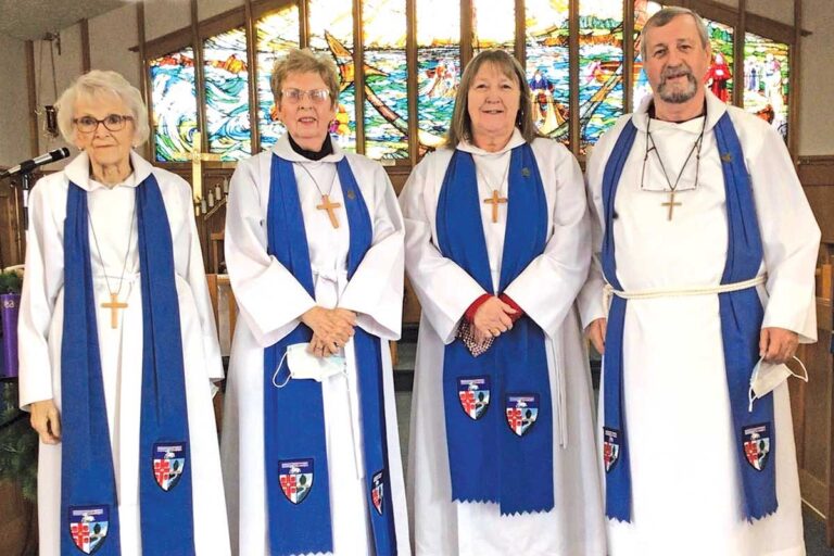 Left to right: Evelyn Keeping, Ada Hollett, Mary Kearley, Tom Simms; missing are Jean Rose and EA Joan Riggs (all from All Saints’, Fortune)