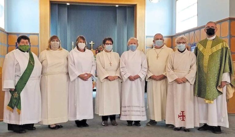 Recently at St. Martin’s Cathedral in Gander, we were blessed to welcome five Eucharistic ministers and two licensed lay inisters. Pictured in the photograph on the left are the Rev’d Deacon Diane Sacrey; Eucharistic ministers Kimberlee Rogers, Marie Brett, Maisie Spencer, Elizabeth Newhook, and Gary Dalley; licensed lay minster Linda Temple-Newhook; and the Rev’d James Beaton. Missing from photo is Marina Kean. We give thanks and wish them well in their ministry.