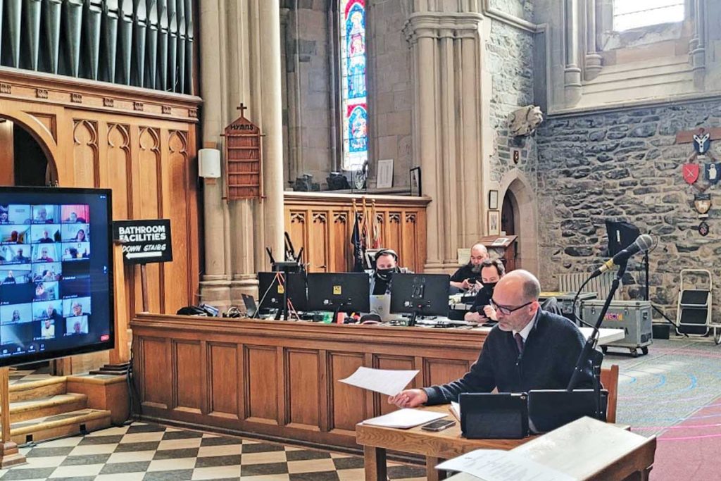 The technical support crew and the Rev’d Christopher Fowler, part-time Assistant to the Diocesan Administrator