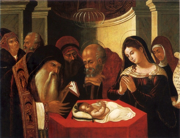 Painting of people looking at a baby (who is Jesus)