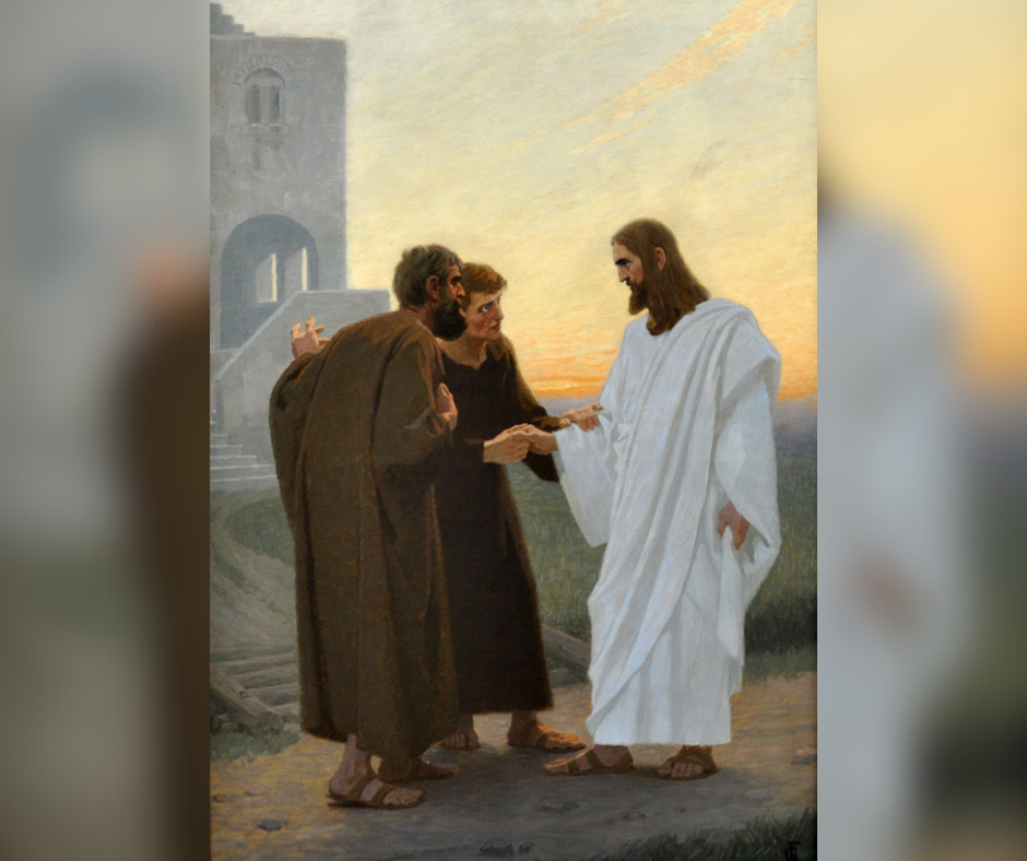 painting of three men, the one of the right being Jesus