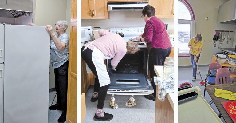 three photos of a group of people cleaning a hall in Port aux Basques Newfoundland