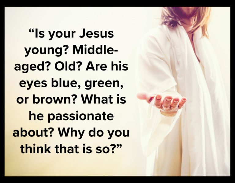 Jesus, dressed in white, reaches out toward the viewer. On the left is a quotation from this article.