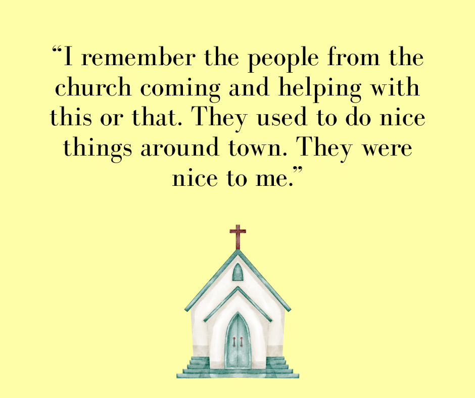 a yellow background and a graphic of a country church with a quotation from this column at the top of the image