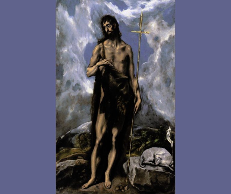A painting of John the Baptist by El Greco. John is dressed in camel hair rags, and on the ground there is a lamb