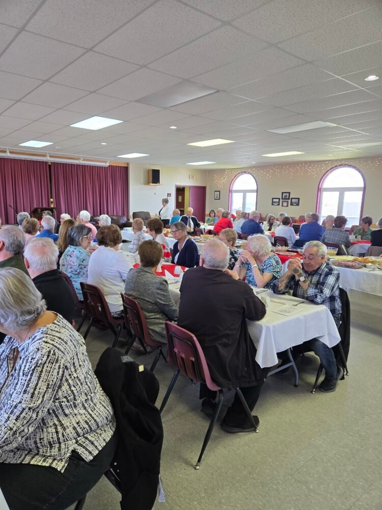 A large group of people sitting at tables.