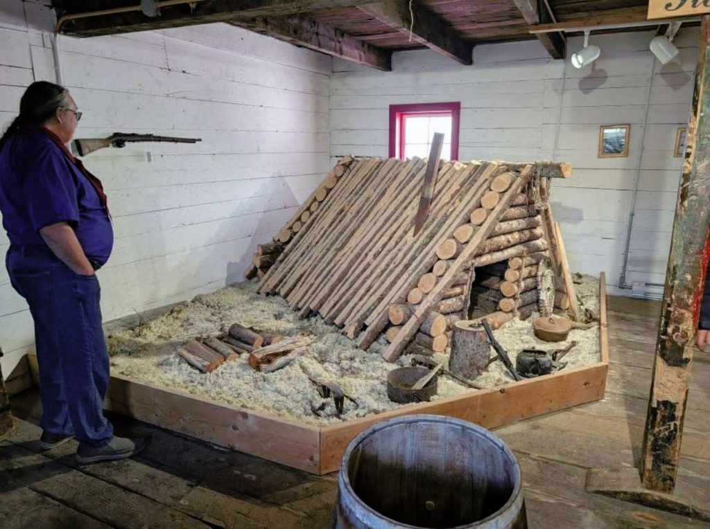 Man looks at a museum display featuring a log shelter and tools on a bed of sawdust.