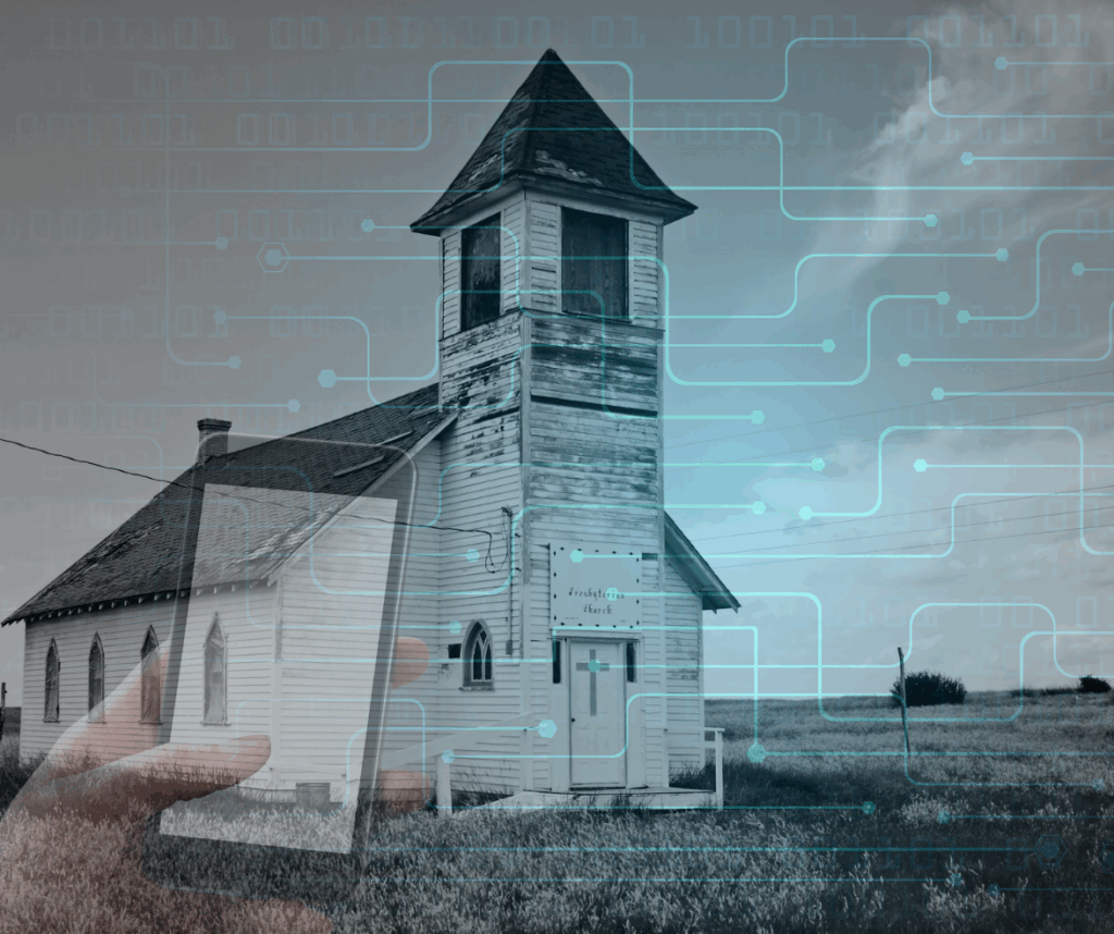 old church with overlay of digital media and a hand holding a cell phone