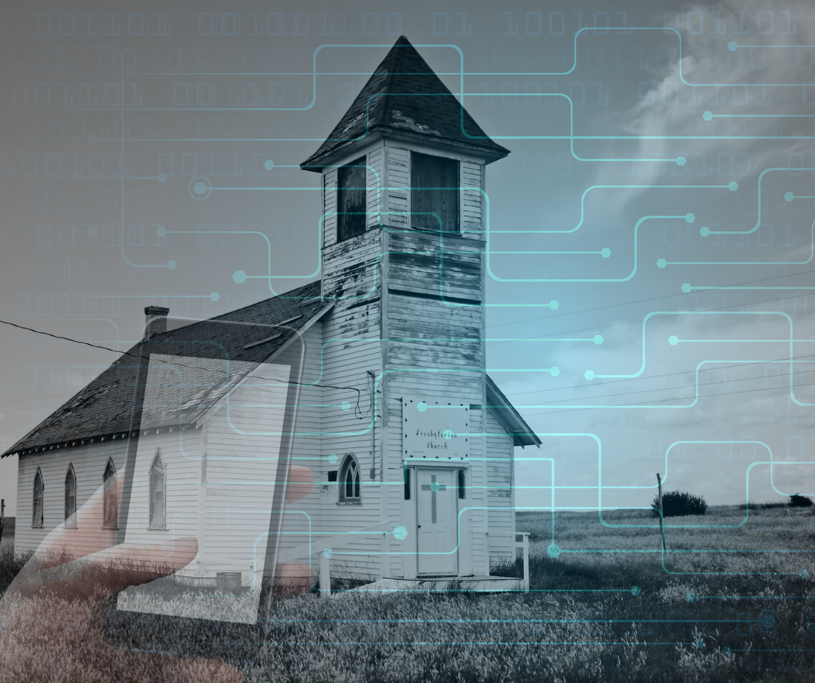 old church with overlay of digital media and a hand holding a cell phone