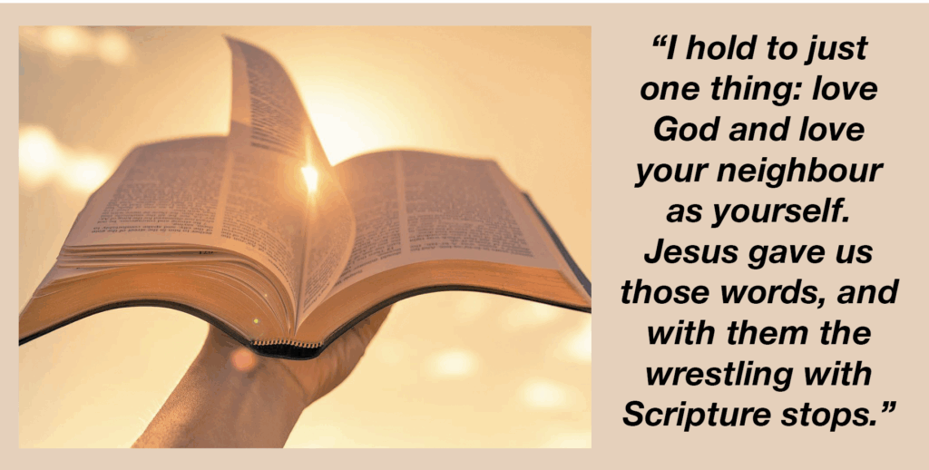 Open Bible held up to a bright, golden sunset, next to a quote about loving God and your neighbour