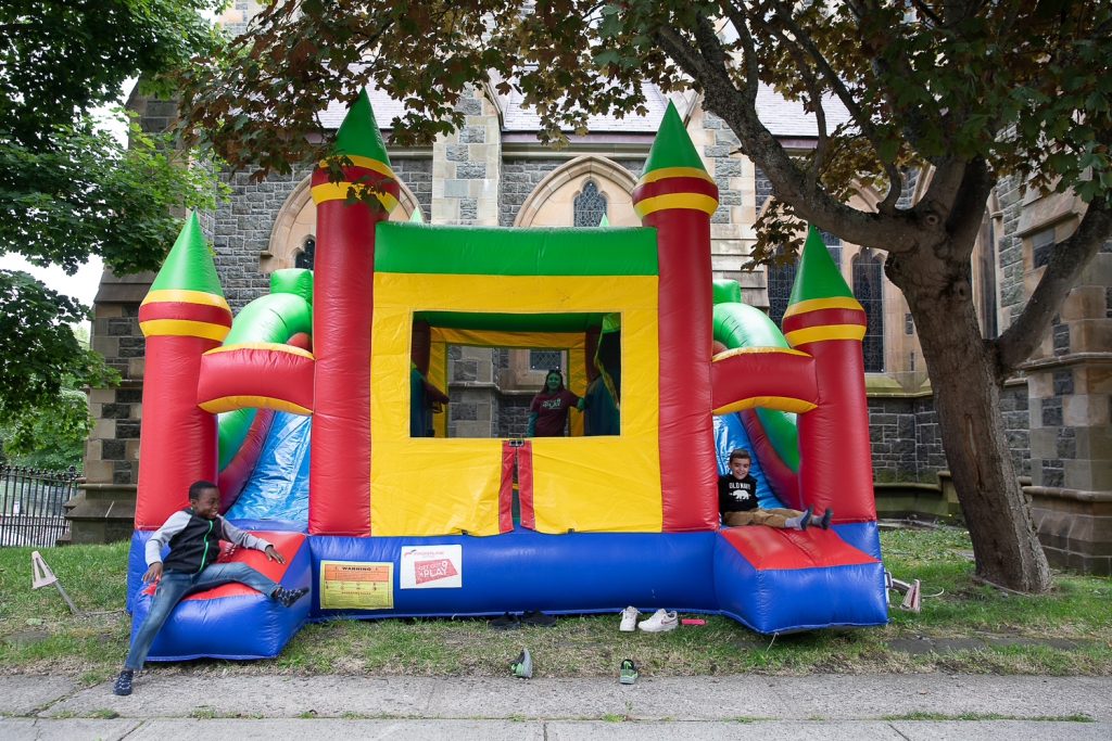 Inflatable bouncy castle in primary colours