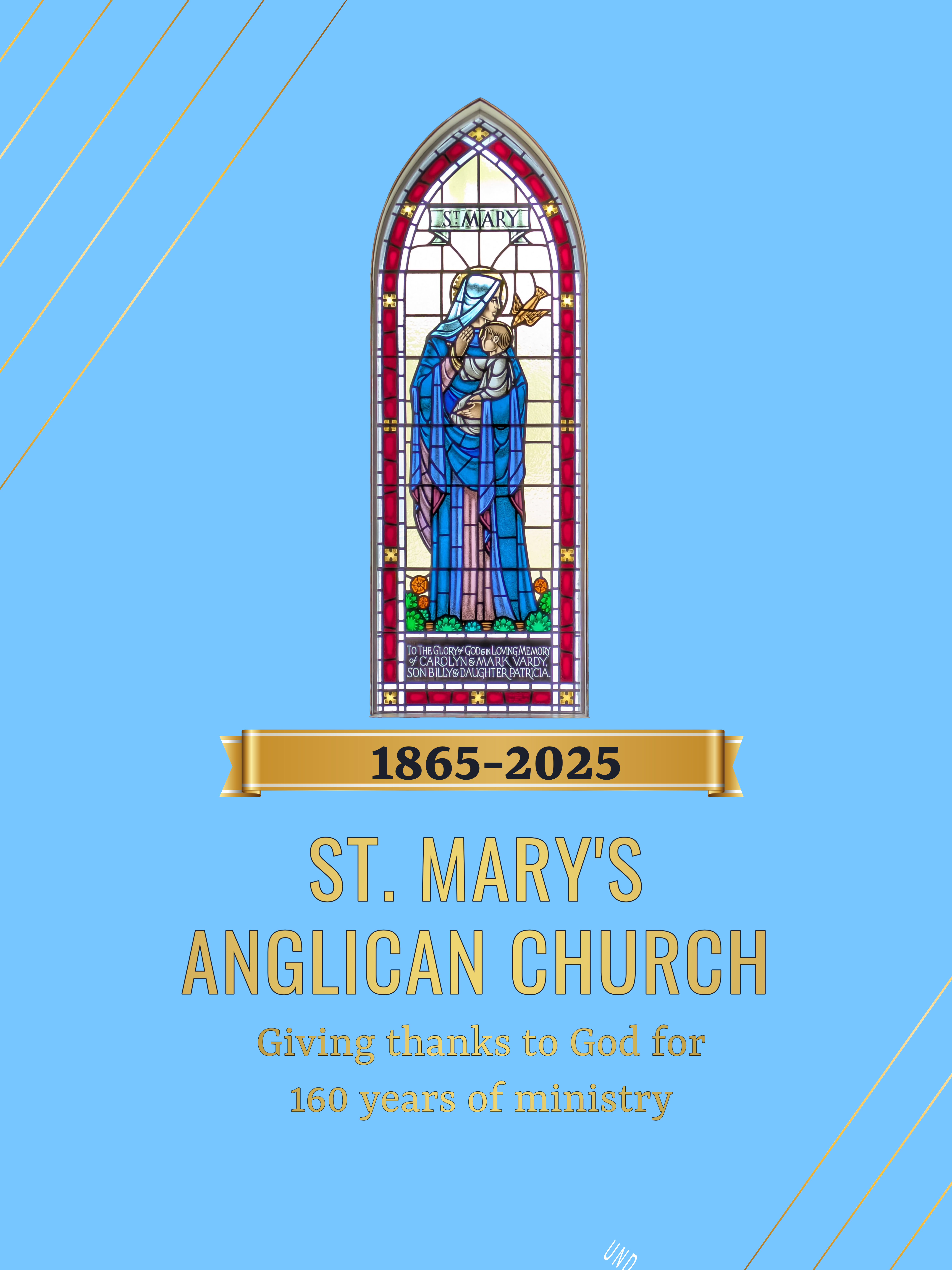 a blue background and a drawing of a stained glass window depicting the Virgin Mary