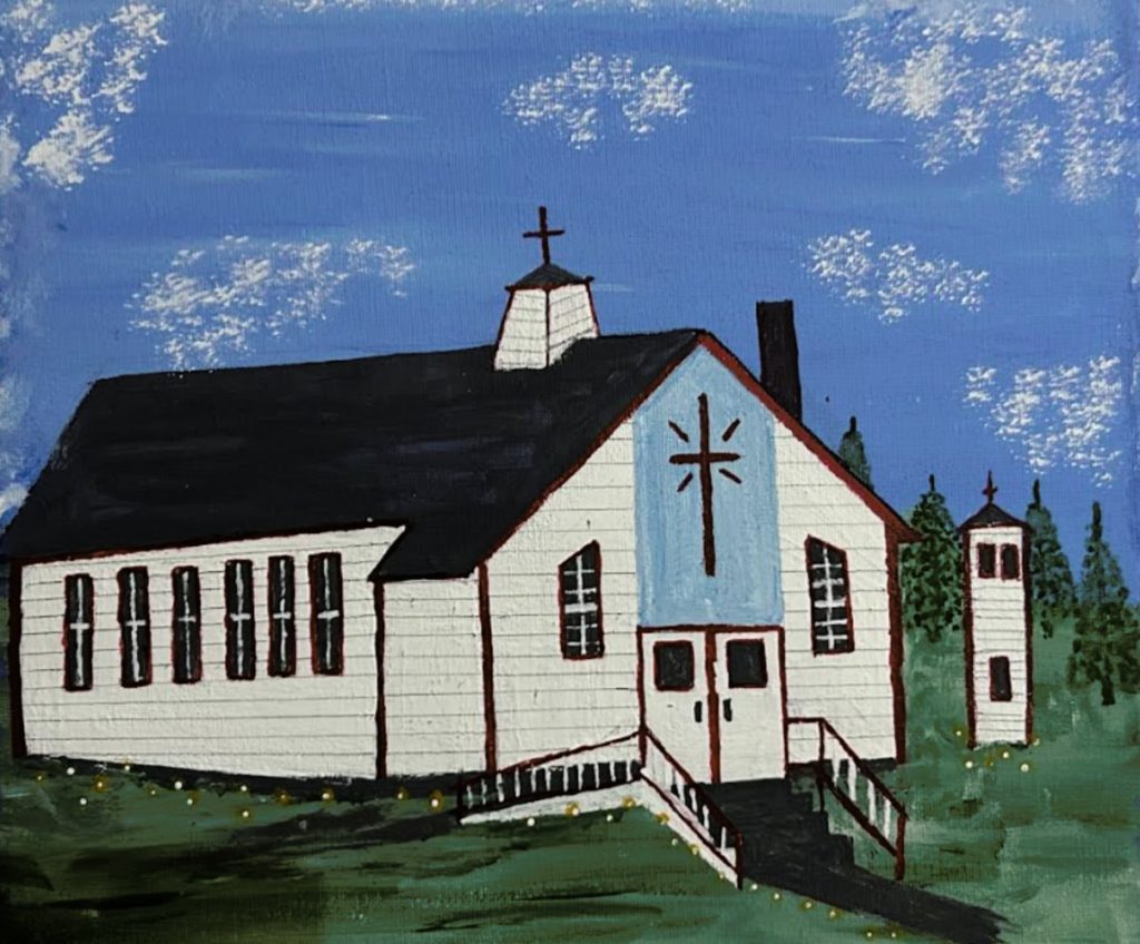 A folk-style painting of a white church with a red-trimmed roof under a blue sky.