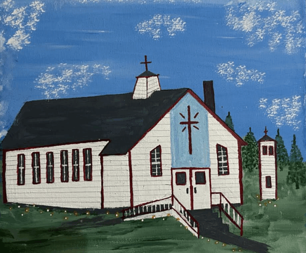 A folk-style painting of a white church with a red-trimmed roof under a blue sky.