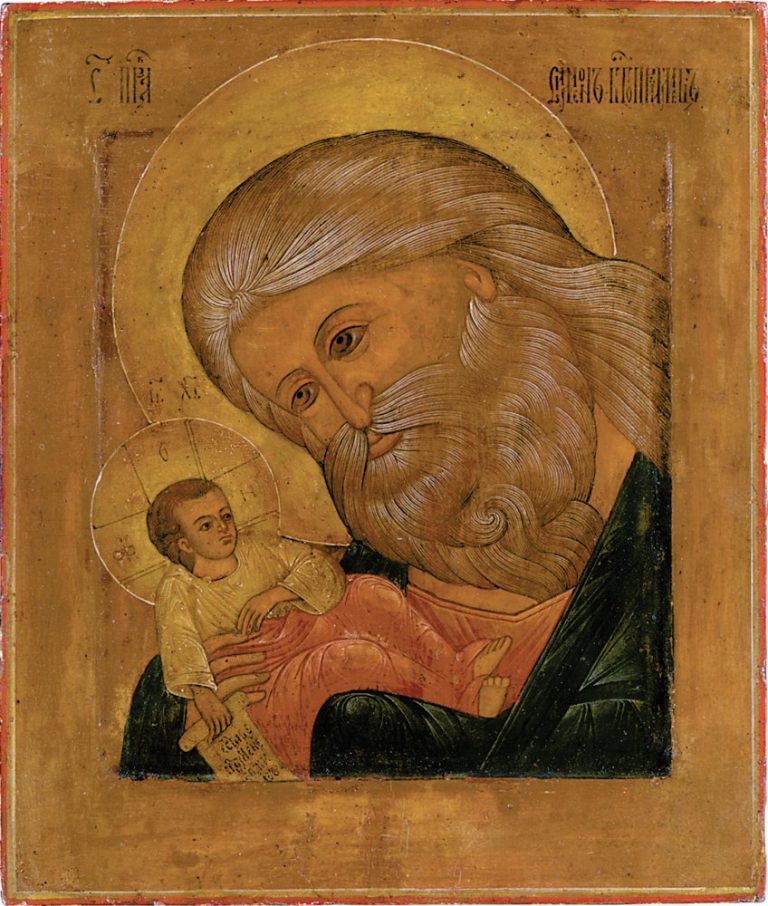 Religious icon of an elderly man with a long white beard holding the Christ child.