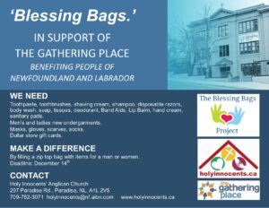 Promotional flyer for "Blessing Bags" in support of The Gathering Place, listing needed hygiene items and contact info for Holy Innocents’ Anglican Church.