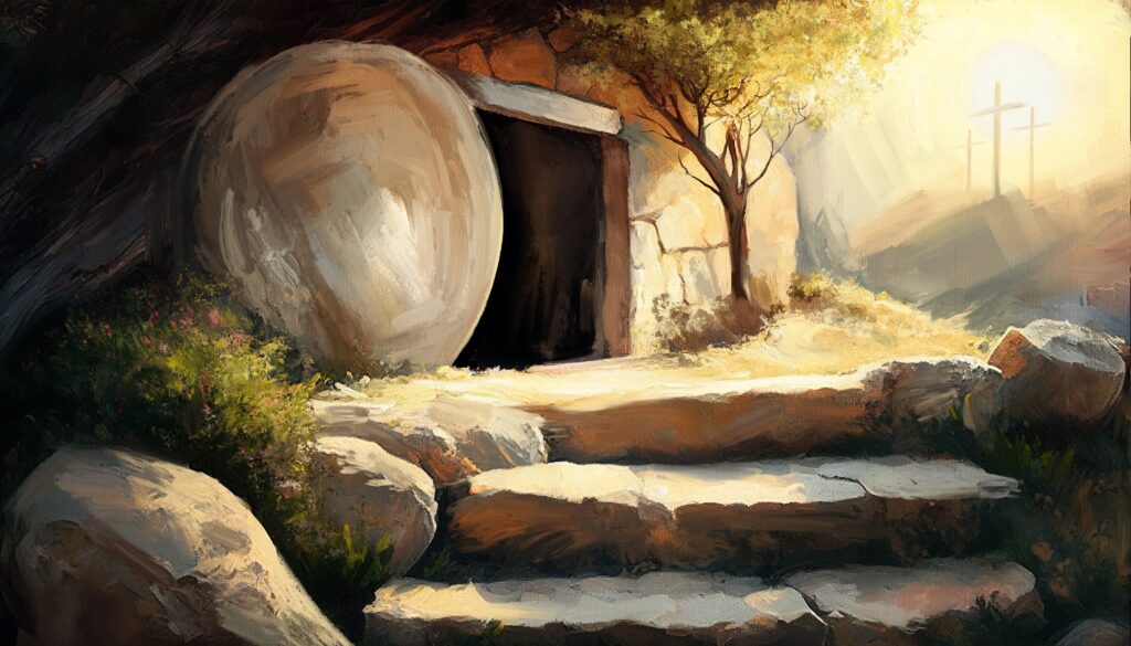 painting of the empty tomb after Jesus' resurrection. there are three crosses in the background