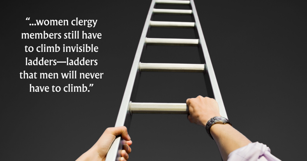 a photo of a woman's hands climbing a ladder against a black bacground with a quotation from the article: “...women clergy members still have to climb invisible ladders—ladders that men never will.”