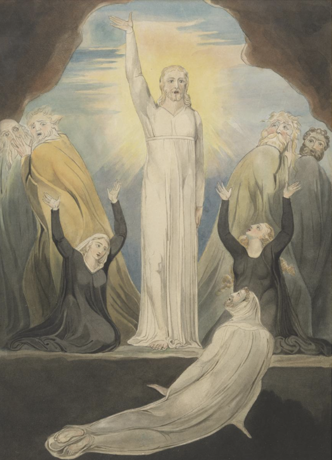 A watercolour painting of Jesus raising Lazarus from the tomb, surrounded by mourning figures.