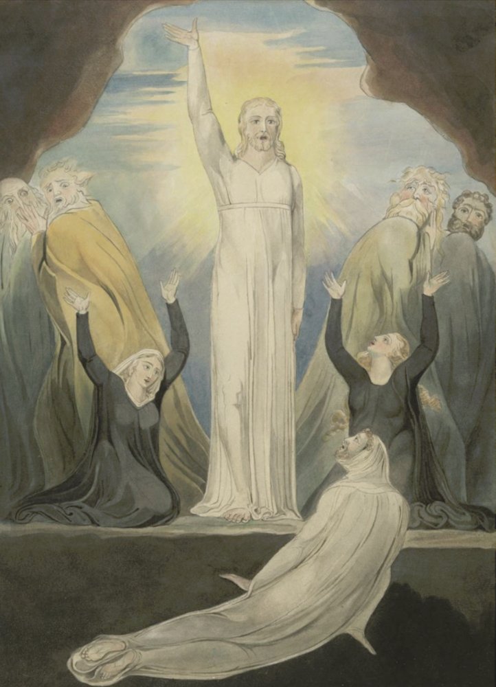 A watercolour painting of Jesus raising Lazarus from the tomb, surrounded by mourning figures.