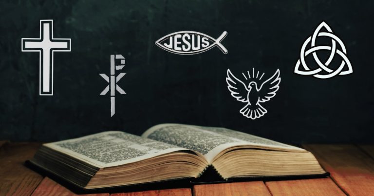 a photograph of an open Bible with various Christian symbols floating above it
