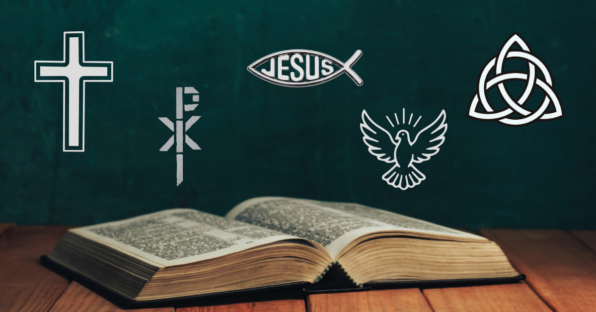 a photograph of an open Bible with various Christian symbols floating above it