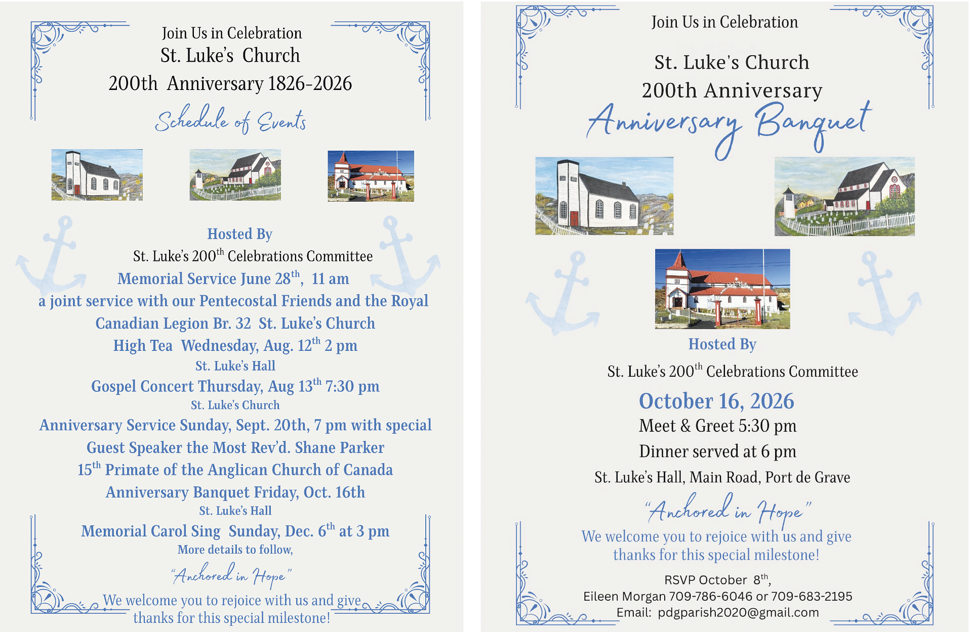 two posters with information about the upcoming 200th celebrations for St. Luke's Church