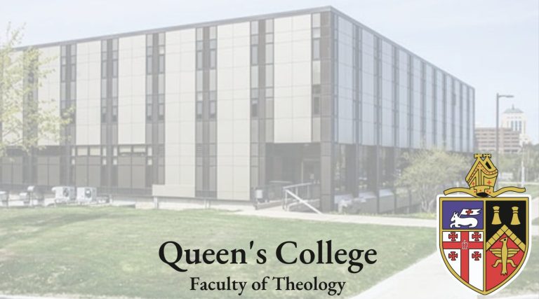 Faded background photo of the modern, multi-story Queen's College building next to a grassy lawn, with the Faculty of Theology text and crest overlay.
