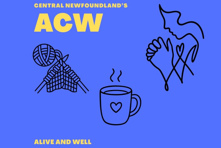 a blue background with graphics of knitting, a woman praying, and a cup of coffee with a heart on the mug. The tex reads: Central Newfoundland's ACW Alive and Well