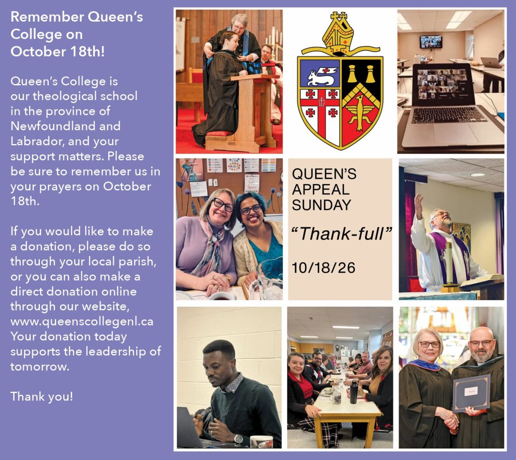 a series of photographs from Queen's College, and their crest, and a reminder to keep the school in your prayers on October 18 2026