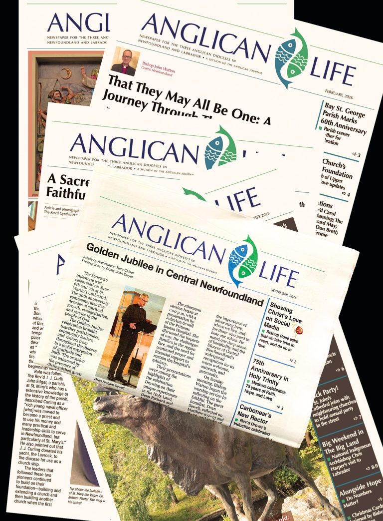 a stack of Anglican Life newspapers on a black background
