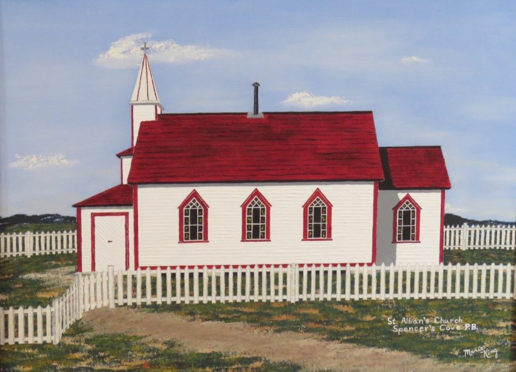 Above is a painting, donated by the Rev'd Morley Boutcher to the church in Arnold's Cove, showing St. Alban's Church in Spencer's Cove.
