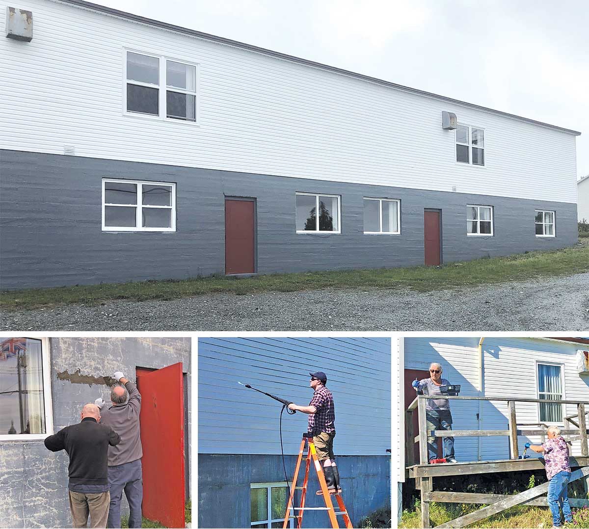 In the top photo, you can see the parish hall in Port de Grave, all fixed up. Bottom left: Barry Thom and Paul Dawe repair cracks in the foundation Bottom centre: Karen Dawe and Jennie Dawe sealing the deck Bottom right: Peter Travis, power washing the siding