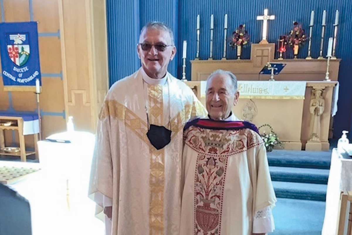 At the Queen’s College Convocation on October 21st, the Rev’d James Reid was awarded the degree Doctor of Divinity (Honoris Causa). The orator was Mr. Dennis Budgell. Dr. Reid is pictured above with Rev’d James Beaton at St. Martin’s Cathedral in Gander, where he served for 22 years. 