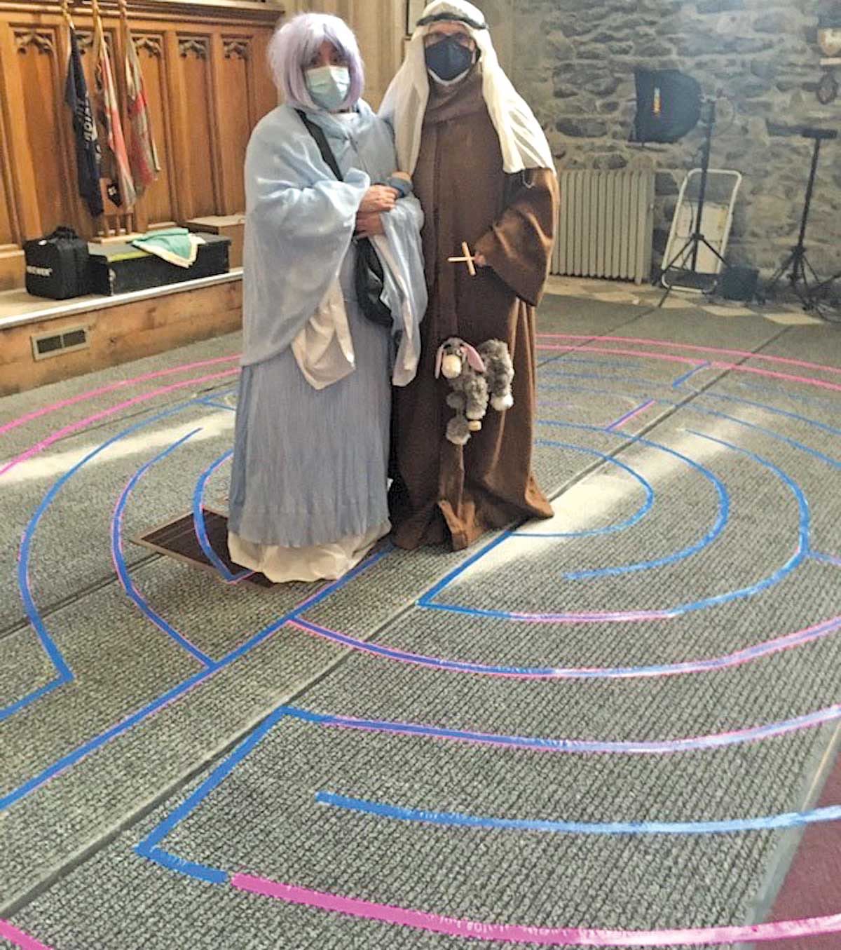 This labyrith has been tempararily installed in the cathedral with the intention of being a place of mindfulness and meditation; it was espeically an important tool during the season of Advent. Mary and Joseph (and their donkey) took time to visit it on the day of the live nativity.