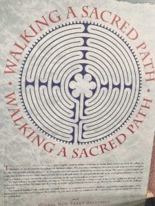 illustration of “Walking a Sacred Path,” intended to help those who are learning more about labyrinths. It says that “the myterious winding path that takes us to the center becomes a metaphor for our own spiritual journey.”